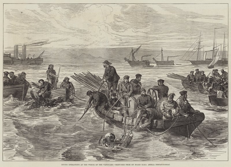 Operações de Mergulho no Naufrágio da Vanguarda, esboçadas a bordo do HMS Amelia Despatch-Boat (gravação) de English School