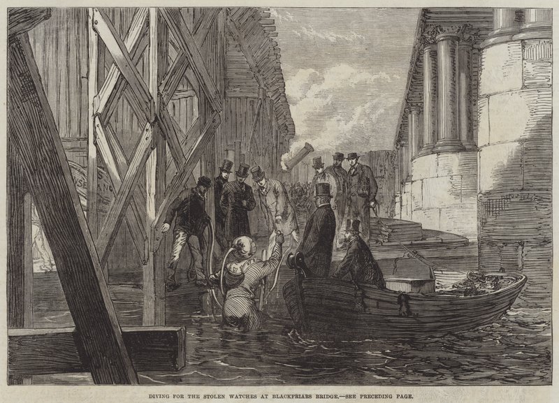 Mergulho para os Relógios Roubados na Ponte Blackfriars (gravura) de English School