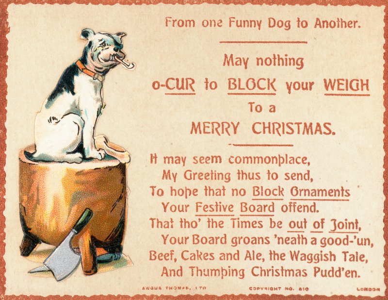 Cão sentado no bloco de desbastamento, cartão de Natal de English School