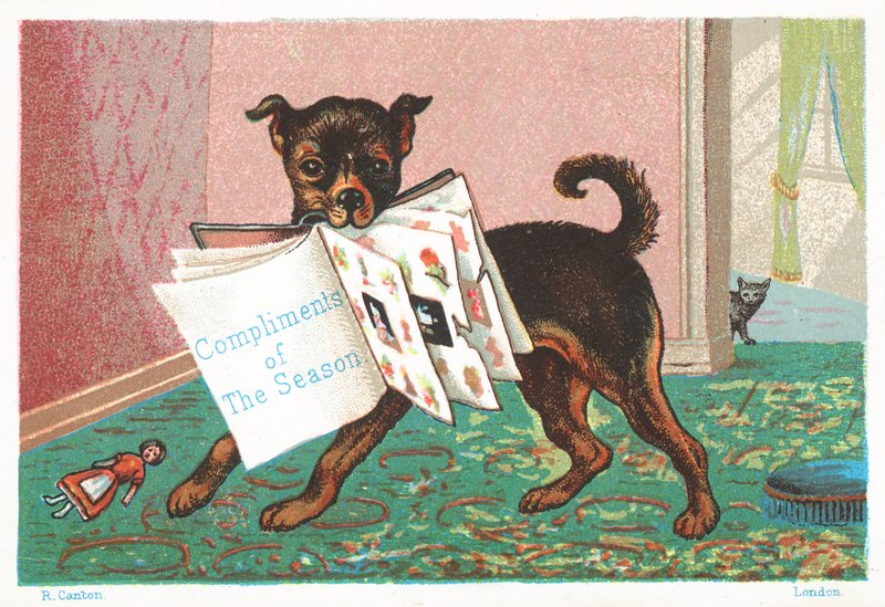 Cão com o livro na boca, cartão de Natal de English School