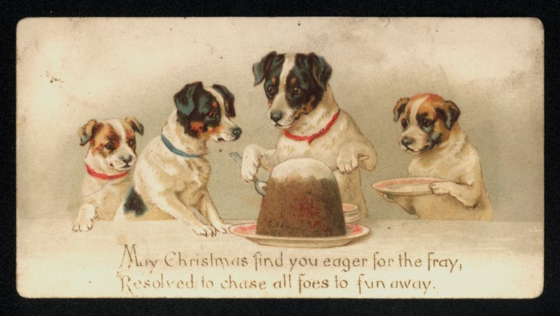 Cães a servir um pudim de Natal, cartão de felicitações. (chromolitho) de English School