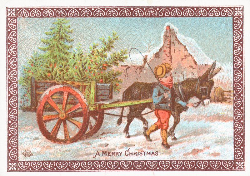Burro puxando carrinho, cartão de Natal de English School