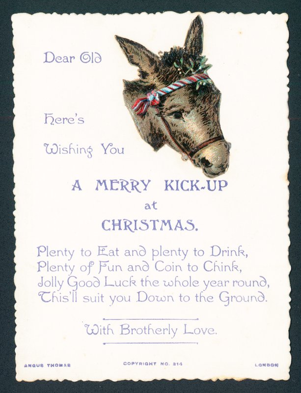 Burro com visco dobrado em arreios, cartão de Natal de English School