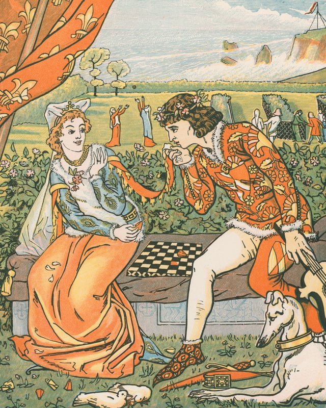 Dorigen e Aurelius no jardim. &39;Tenha misericórdia, Swete, ou você vai me fazer deye&39; de English School