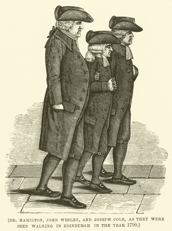 Dr. Hamilton, John Wesley e Joseph Cole, vistos a passear em Edimburgo no ano de 1790 (gravura) de English School