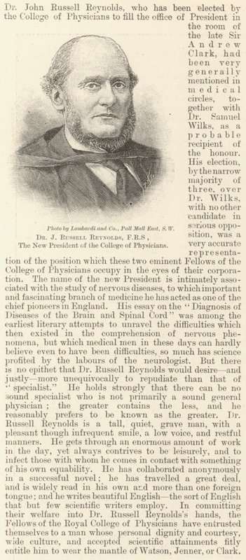 Dr J Russell Reynolds, FRS, o Novo Presidente do Colégio de Médicos (gravura) de English School