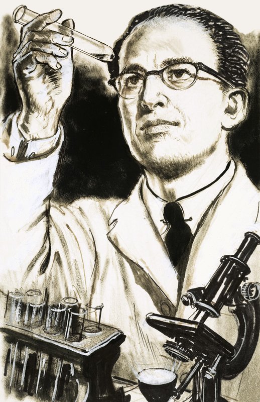 Dr. Jonas Salk, criador da vacina contra a poliomielite, olha para um tubo de ensaio de English School