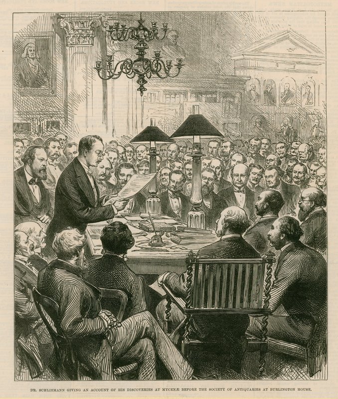 Dr. Schiemann dando conta de suas descobertas em Micenas antes da Sociedade de Antiquários em Burlington House de English School