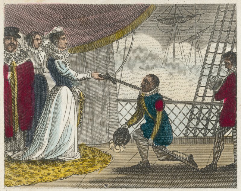 Cavaleiro de Drake a bordo do seu navio (gravura a cores) de English School
