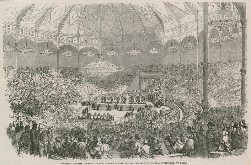 Desenho da loteria do Ingote Dourado no Circo dos Campos Elísios, Paris, França de English School