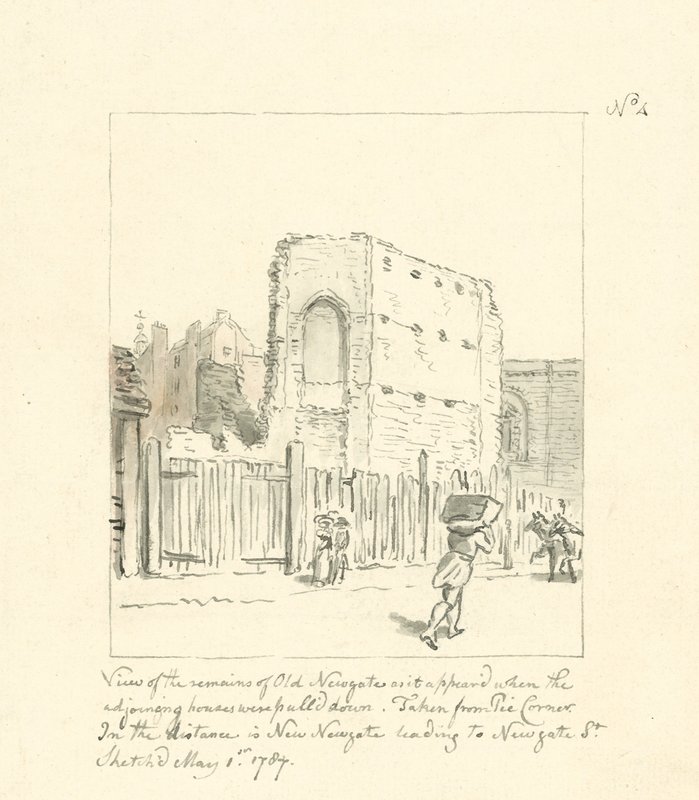 Desenho dos restos de Old Newgate (tinta sobre papel) de English School