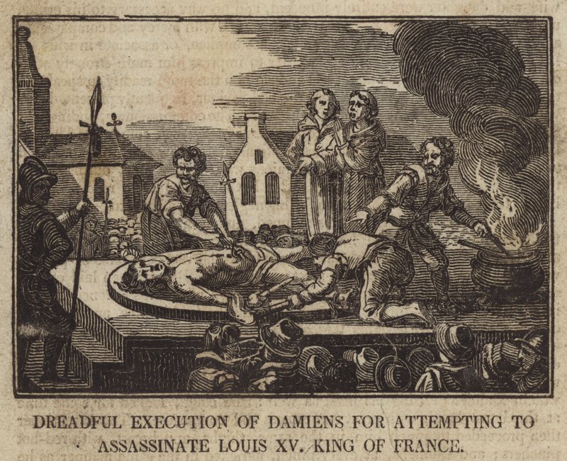 Terrível execução de Damiens por tentar assassinar Luís XV rei da França de English School