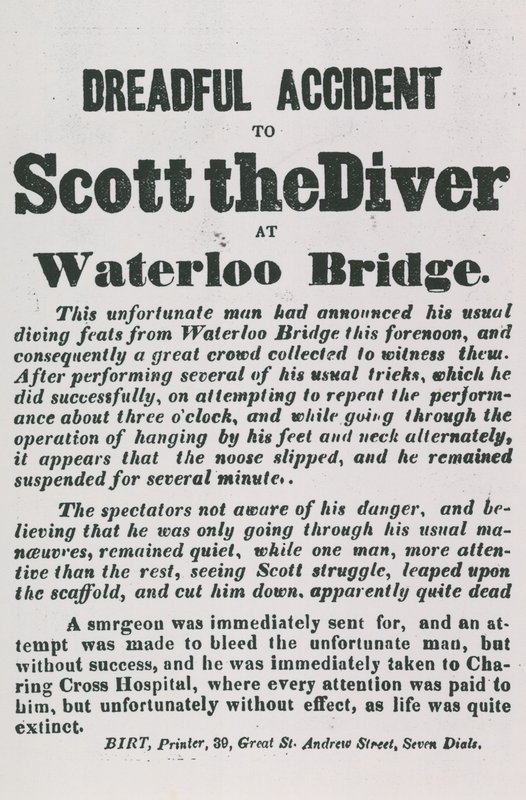 Dreadul acidente de Scott o mergulhador na ponte de Waterloo de English School