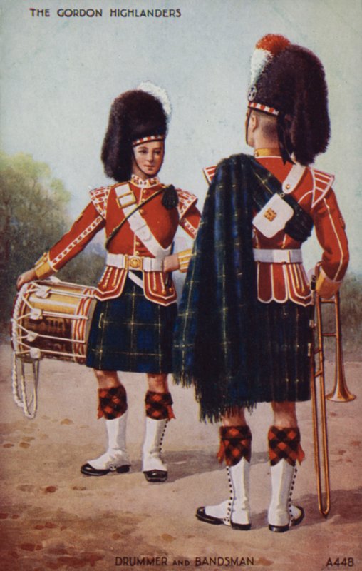 Baterista e músico de banda dos Gordon Highlanders (litografia a cores) de English School