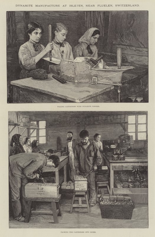 Fabricação de dinamite em Isleten, perto de Fluelen, Suíça (gravura) de English School