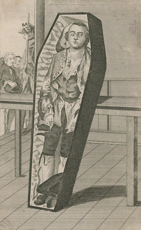Conde Ferrers como ele estava em seu caixão no Surgeons Hall de English School