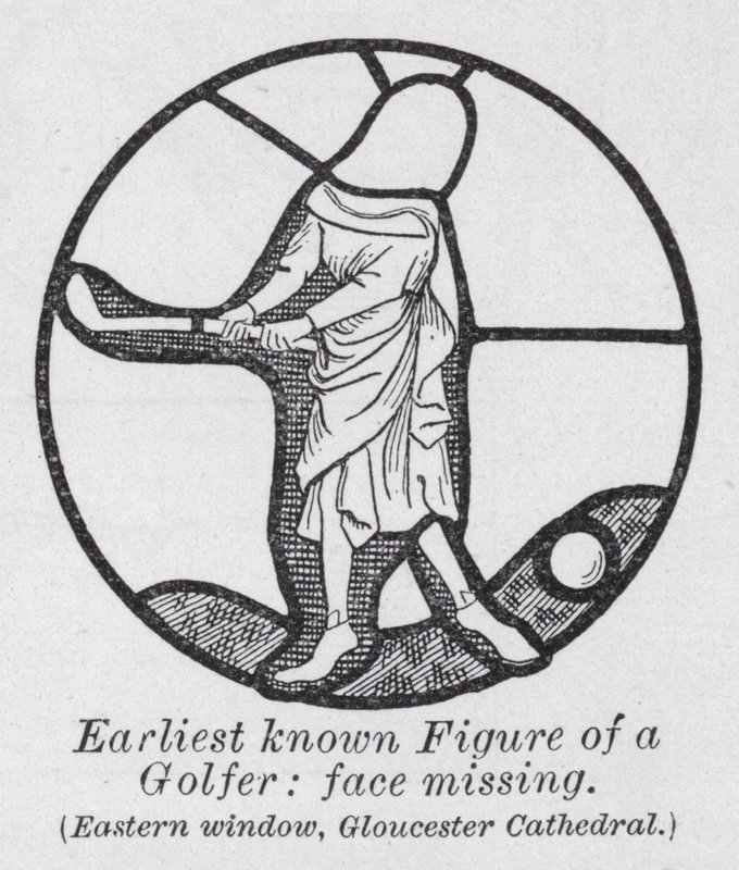 Primeira figura conhecida de um golfista, falta o rosto, janela oriental, Catedral de Gloucester (litho) de English School