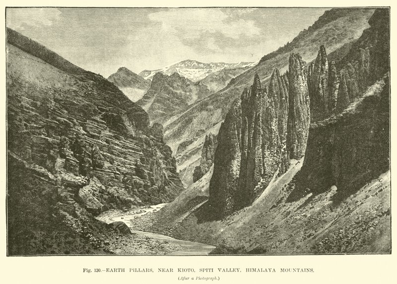 Pilares terra, perto, Kioto, Spiti, vale, himalaya, montanhas de English School