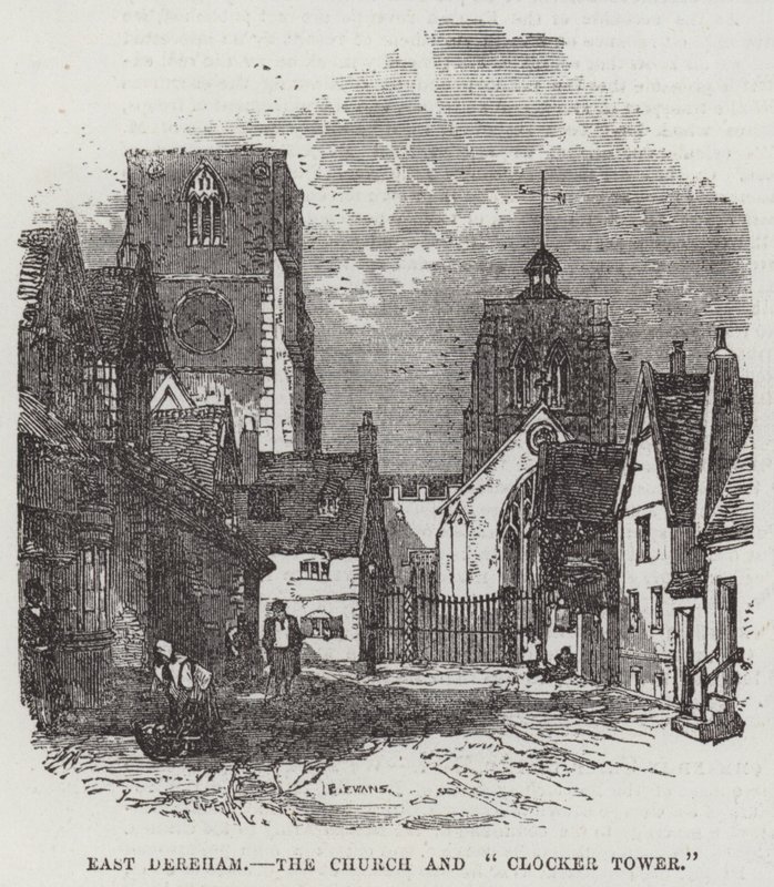 East Dereham, a Igreja e "Clocker Tower" (gravura) de English School