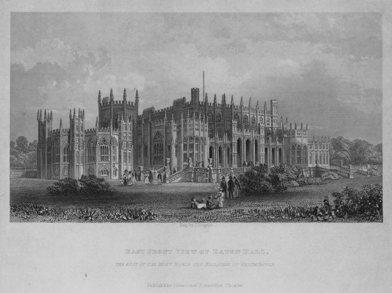 Vista Frontal Leste do Eaton Hall, a Sede da Marquesa dos Mais Nobres de Westminster (gravura) de English School