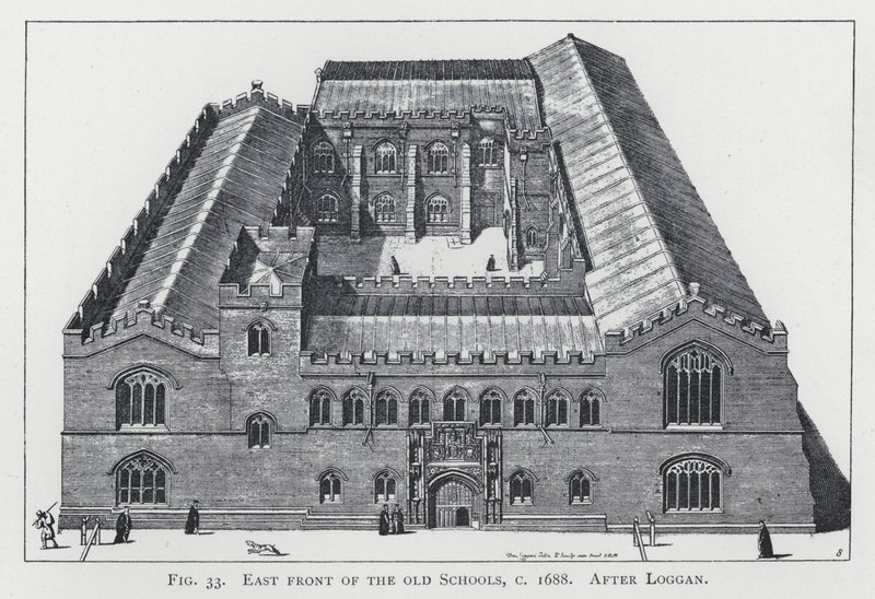 Frente leste das antigas escolas, c. 1688, após Loggan de English School