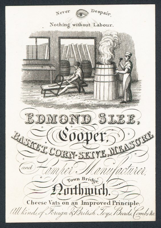 Edmond Slee, cooper, cesta, milho seive, medir e dificultar o fabricante, cartão de comércio de English School