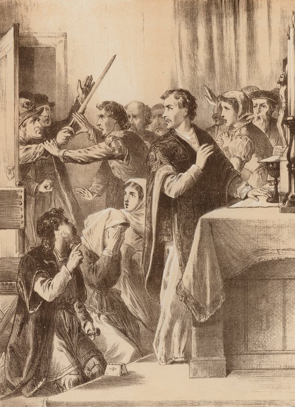 Edmund Genings, "Partiu a porta do quarto onde estava a festejar" (litografia) de English School