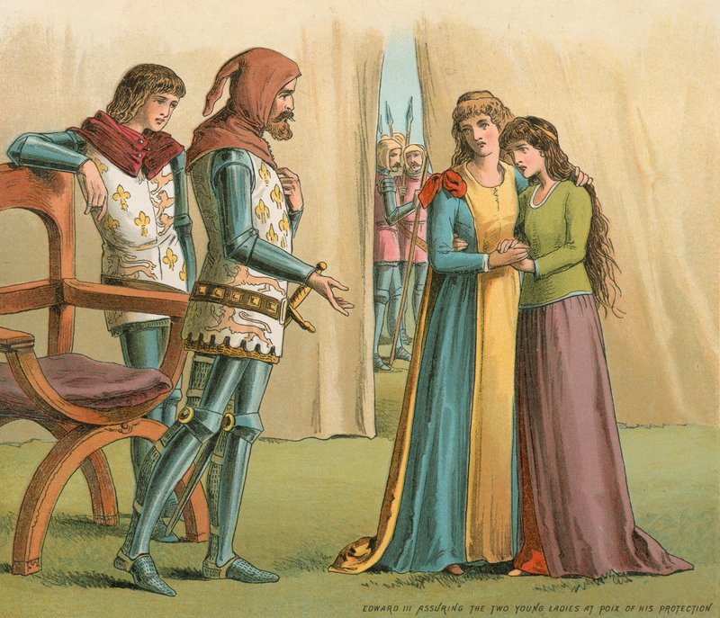 Edward III assegurando as duas jovens senhoras em Poix de sua proteção de English School