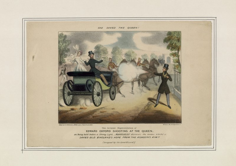 Edward Oxford disparando contra a Rainha, salvo pela Britannia (gravura colorida) de English School