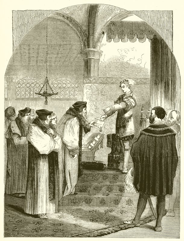Edward VI apresentando o mandado de execução de Joan Bocher ao arcebispo Cranmer de English School
