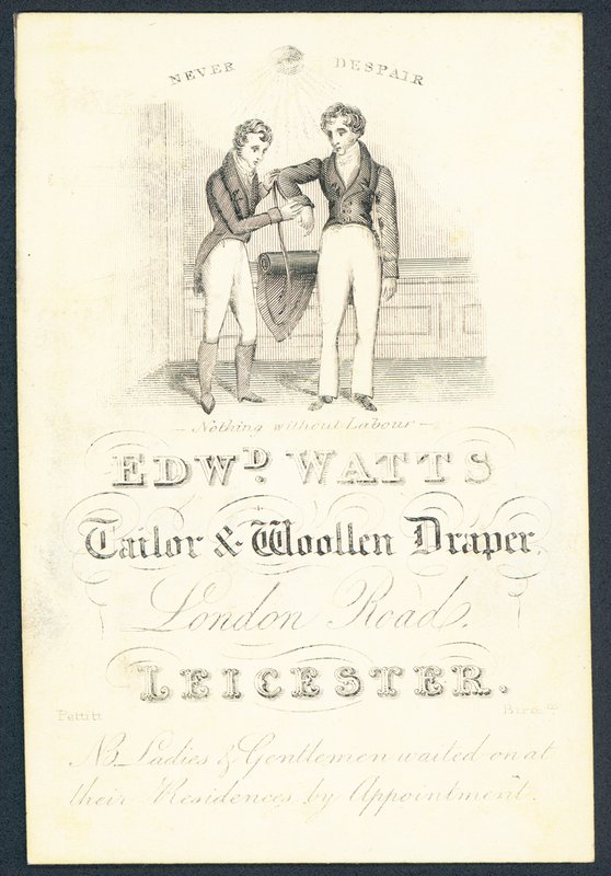 Edward Watts, alfaiate e lã draper, cartão de comércio de English School
