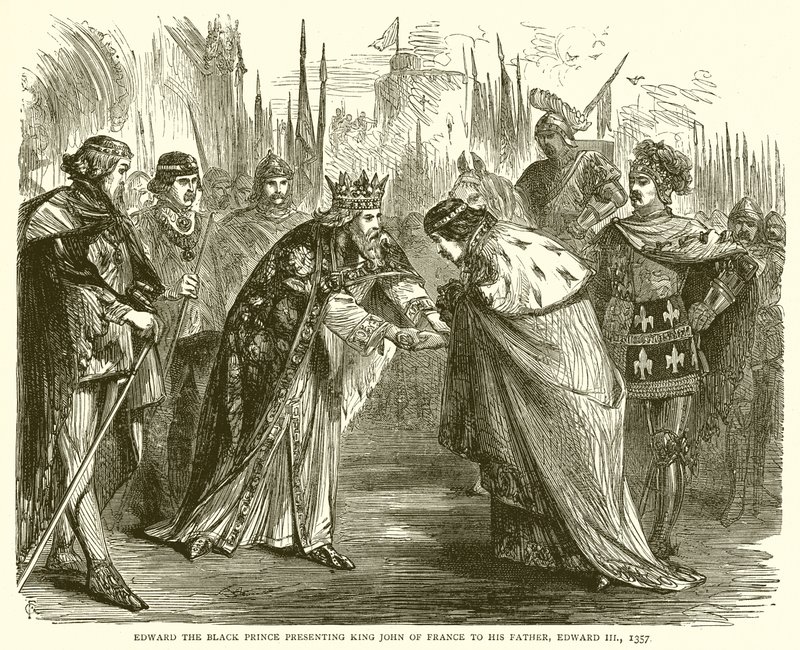 Eduardo, o Príncipe Negro, apresentando o Rei João da França a seu pai, Eduardo III, 1357 de English School