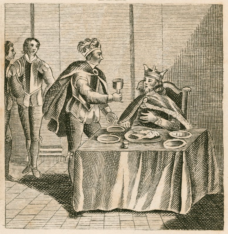 Eduardo, o Príncipe Negro, esperando seu cativo, o Rei João II da França de English School