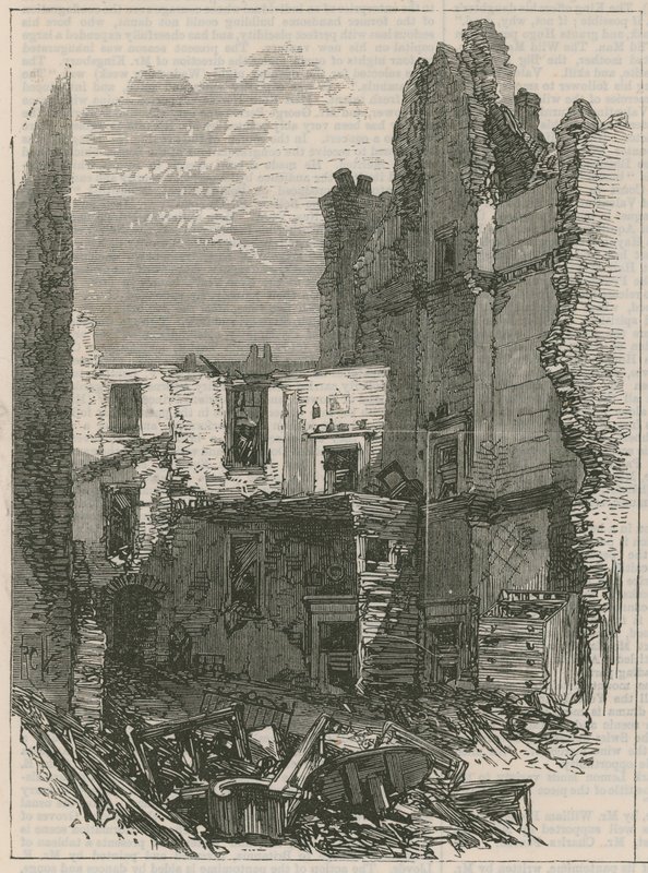Efeitos da explosão em Clerkenwell: Interior das casas em Corporation Lane de English School
