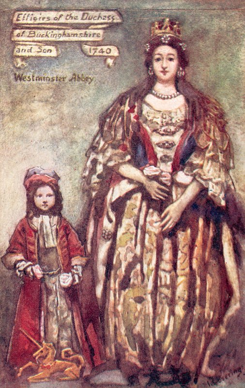 Efígies da Duquesa de Buckingham e do seu filho na Abadia de Westminster (litografia a cores) de English School