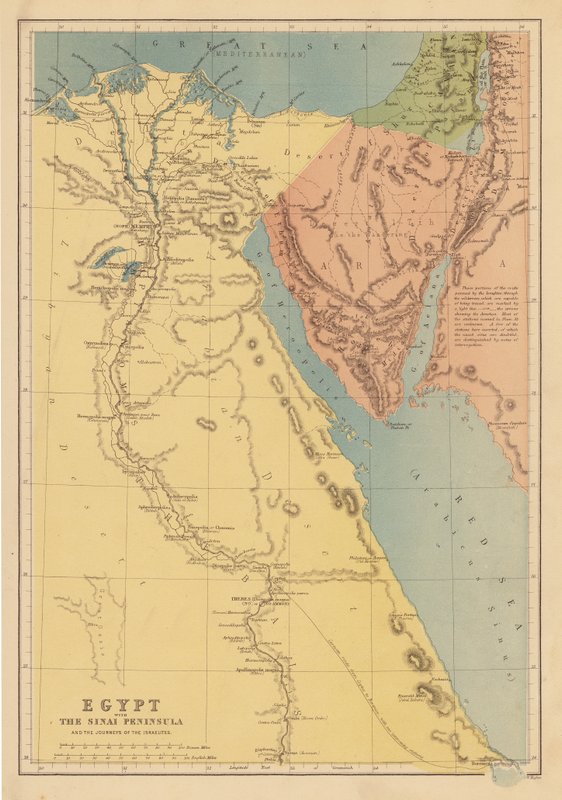 O Egito com a península do Sinai e as viagens dos israelitas (litografia a cores) de English School