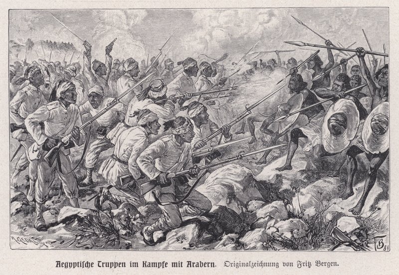 Tropas egípcias combatendo guerreiros Mahdist (gravura) de English School
