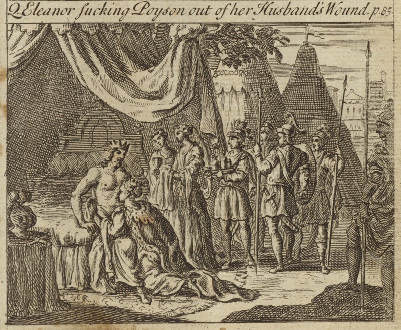 Eleanor de Castela, Rainha Consorte do rei Edward I da Inglaterra, sugando o veneno do marido, sofrida em uma tentativa de assassinato em Acre, 1272 de English School