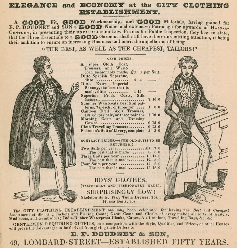 Elegância e economia no estabelecimento de vestuário da cidade; EP Doudney & Son, 49 Lombard Street, Londres de English School