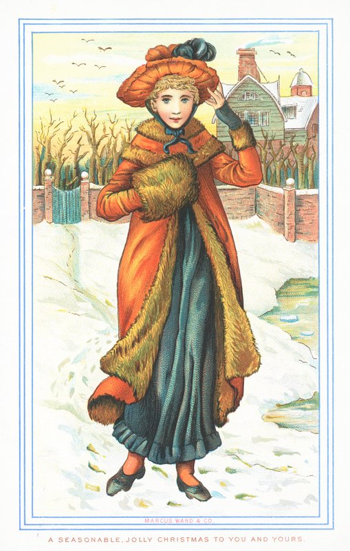 Senhora elegante na neve, cartão de Natal de English School