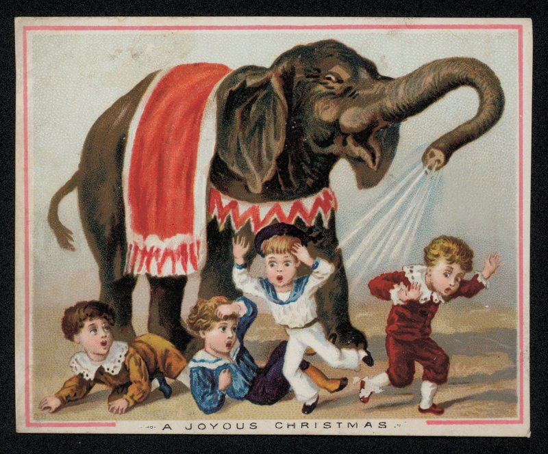 Elefante brincando a dar água às crianças, cartão de boas festas de Natal. (chromolitho) de English School