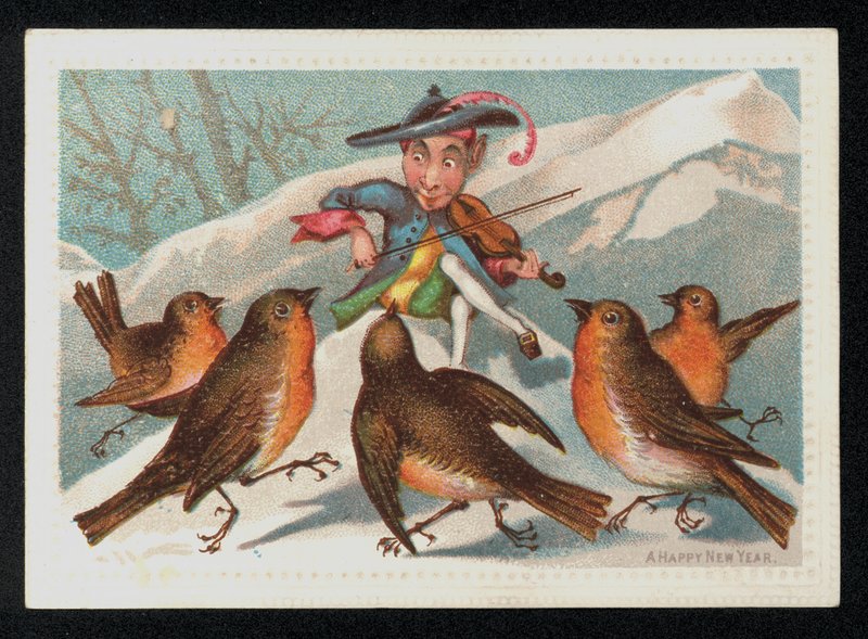 Elfo com um violino entretendo um grupo de robins, cartão de Boas Festas de Ano Novo. (chromolitho) de English School