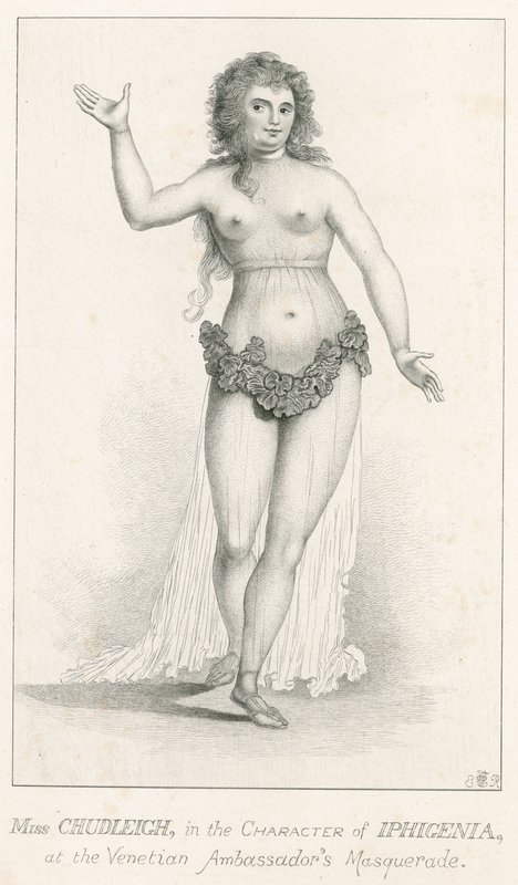 Elizabeth Chudleigh, no personagem de Iphigenia no Venetian Ambassadors Masquerade, Ranelagh, Londres de English School