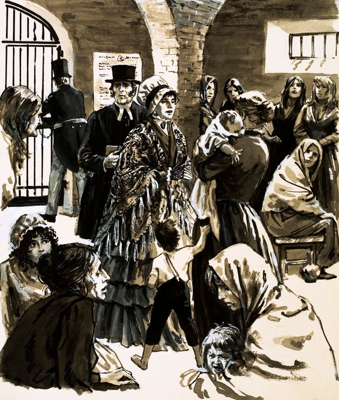 Elizabeth Fry tornou-se activista da reforma prisional depois de visitar a prisão de Newgate (guache no papel) de English School