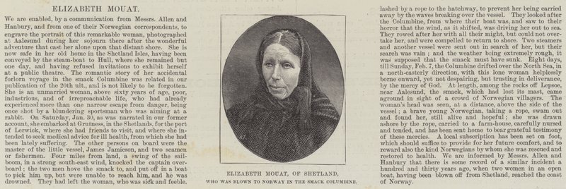Elizabeth Mouat, de Shetland, que foi levada para a Noruega no Smack Columbine (gravura) de English School