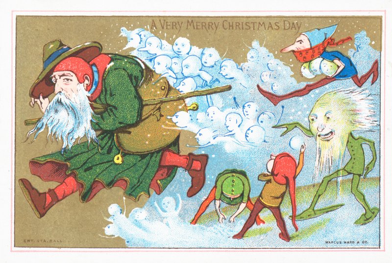 Duendes que perseguem o pai Natal, cartão de Natal de English School