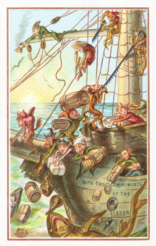 Elfos jogando suprimentos ao mar, cartão de Natal de English School