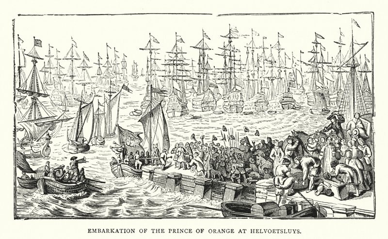 Embarque do Príncipe de Laranja em Helvoetsluys (gravura colorida) de English School