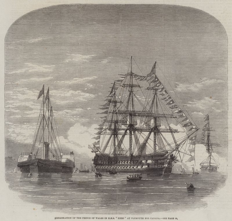 Embarque do Príncipe de Gales em HMS "Hero" em Plymouth para o Canadá (gravura) de English School