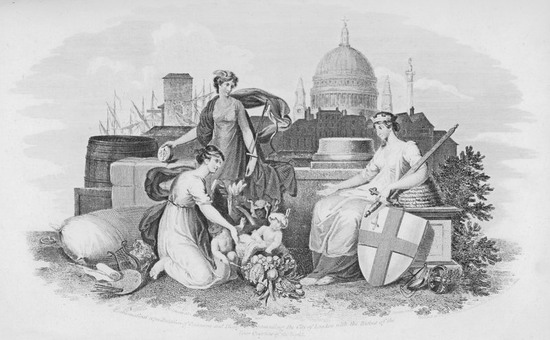 Representação Emblemática do Comércio e Plenty apresentando a Cidade de Londres com as Riquezas dos Quatro Trimestres do Mundo (gravura) de English School